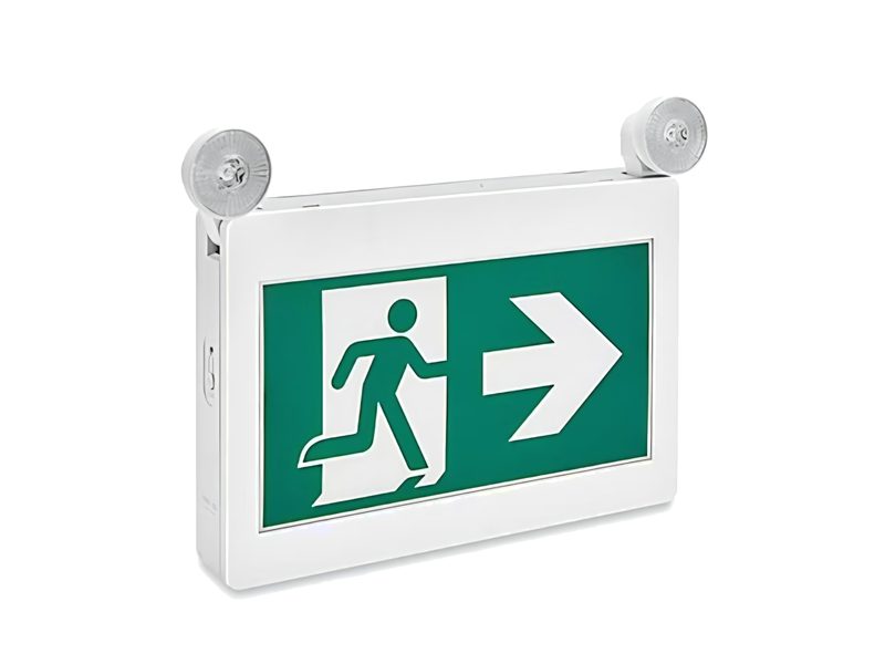 Combination running-man exit sign with twin emergency lighting heads