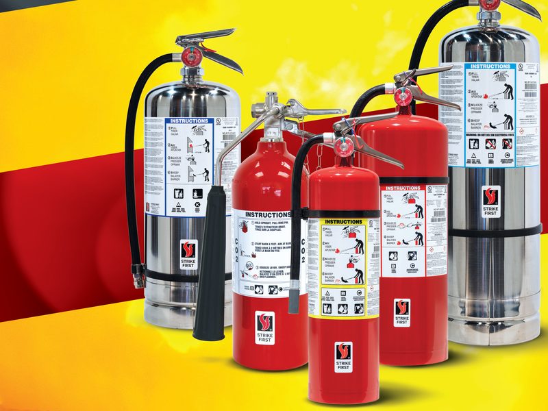 Strike First portable fire extinguishers, including wet chemical, CO2, and dry chemical models